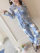 Romwe Swallows Print Wrap Top & Pants Pj Set