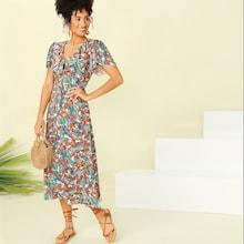 Romwe Button Through Flounce Tropical Print Dress