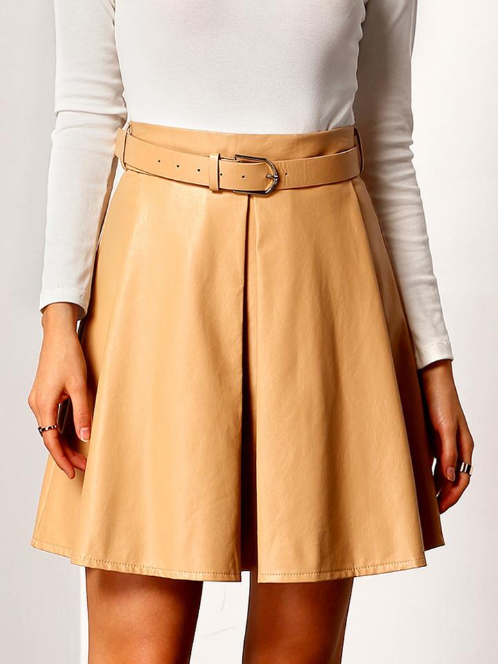 Romwe High Waist Pu A-line Skirt With Belt