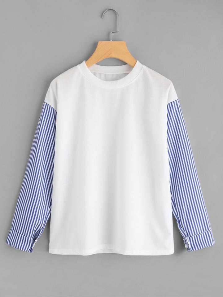Romwe Round Neck Striped Sleeve Sweatshirt