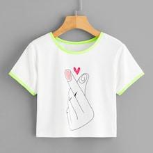 Romwe Hand Print Crop Ringer Tee