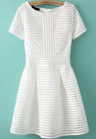 Romwe With Zipper Striped Flare White Dress