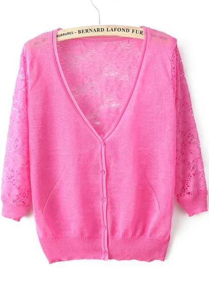 Romwe Back Lace Hollow Rose Red Cardigan