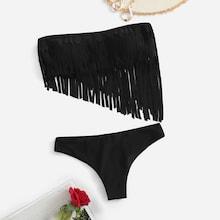 Romwe Fringe Bandeau With Low Rise Bikini Set