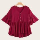Romwe Plus V Neck Button Front Ruffle Hem Solid Tee