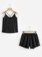Romwe Lace Trim Cami Top With Shorts
