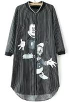 Romwe Black Half Sleeve Vertical Stripe Mickey Print Blouse