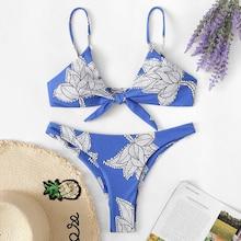 Romwe Random Leaf Print Knot Front Bikini Set