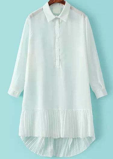 Romwe White Lapel Pleated Dip Hem Blouse