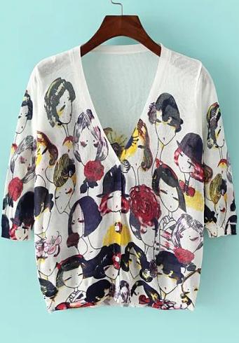 Romwe Half Sleeve Beauty Print Cardigan