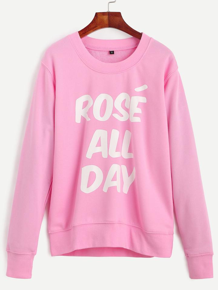 Romwe Pink Round Neck Letter Print Long Sleeve Sweatshirt