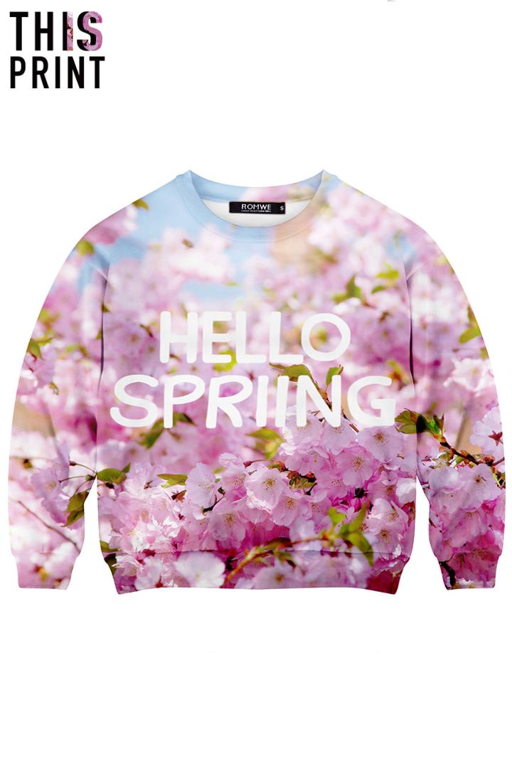 Romwe This Is Print Blooming Sakura Print Long-sleeved Sweatshirt