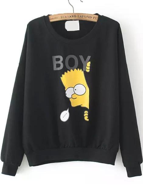 Romwe Round Neck Sipson Print Black Sweatshirt