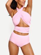 Romwe Pink Cross Wrap Halter High Waist Bikini Set