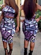 Romwe Halter Crop Top With Geometric Print Skirt