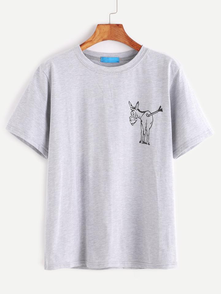 Romwe Pale Grey Donkey Print T-shirt