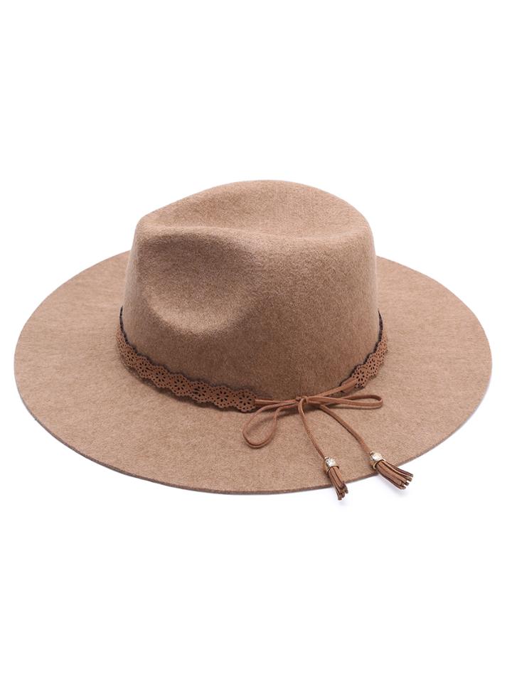 Romwe Khaki Wide Brim Hat With Bow Tie