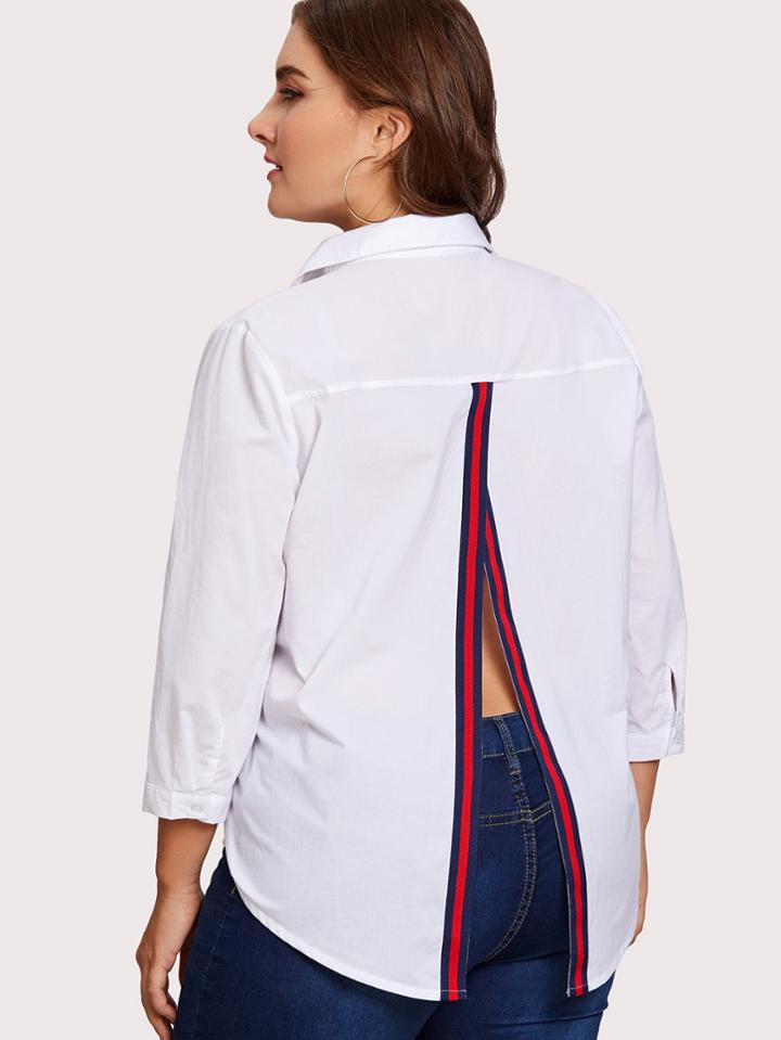 Romwe Striped Tape Applique Split Back Shirt