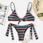 Romwe Striped Tie Front Top With Low Rise Bikini