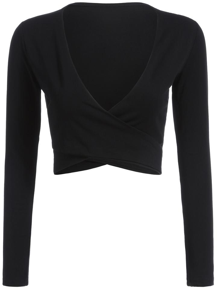 Romwe V Neck Self-tie Crop Black T-shirt