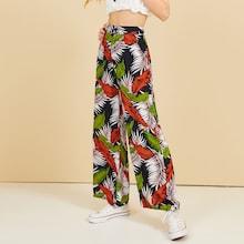 Romwe Button Waist Leaf Print Pants