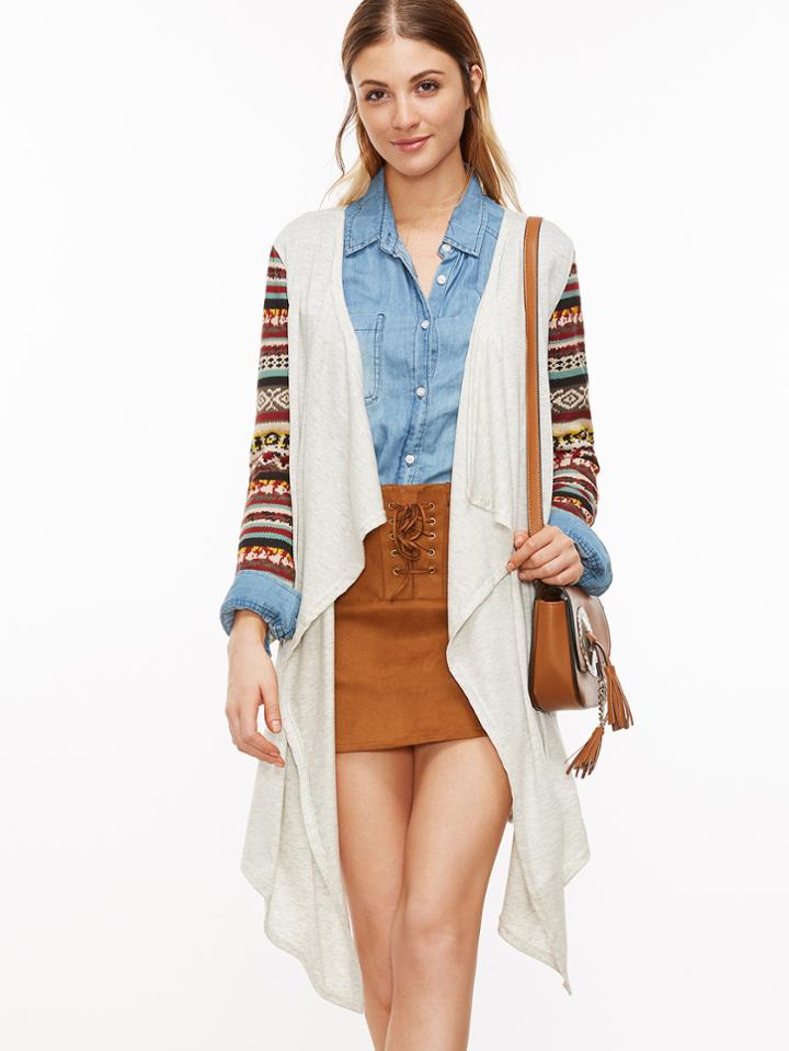Romwe Drape Front Contrast Tribal Pattern Sleeve Asymmetric Coat
