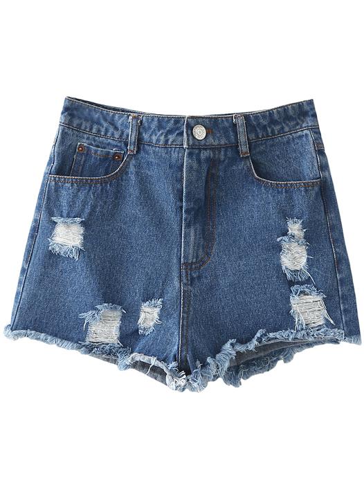 Romwe Blue Pockets Fringe Trim Ripped Hole Denim Shorts