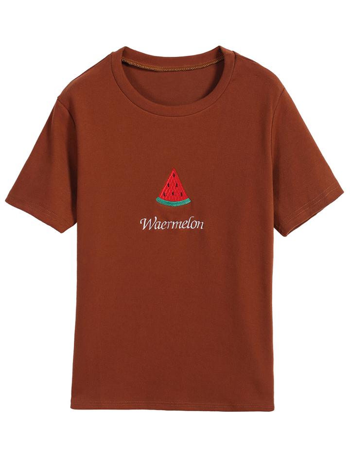 Romwe Watermelon Print Slim Khaki T-shirt