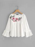 Romwe Embroidered Flower Applique Bell Cuff Smock Top