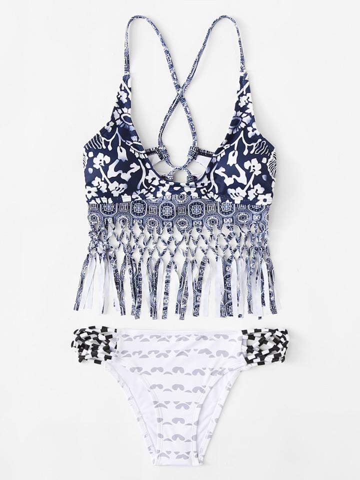 Romwe Criss Cross Fringe Trim Bikini Set