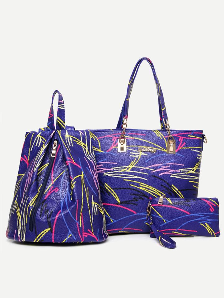 Romwe Blue Pebbled Pu 3 Pieces Tote Bag Set