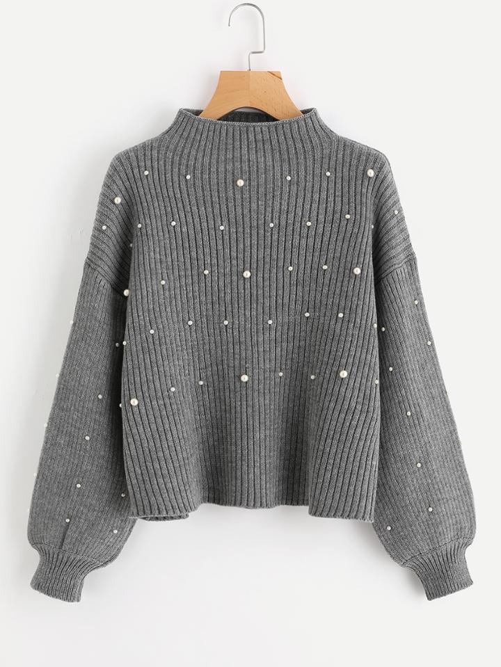 Romwe Pearl Beaded Rib Knit Jumper
