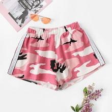 Romwe Camo Print Chain Tape Side Shorts
