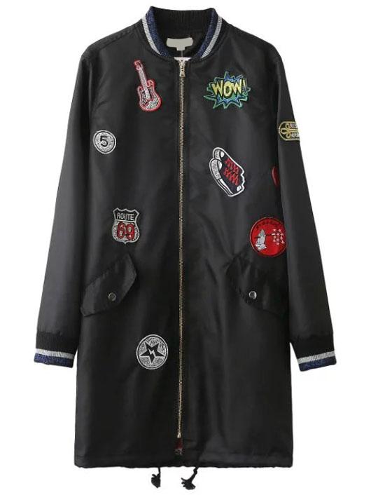 Romwe Black Striped Trim Patch Long Jacket With Drawstring Detail