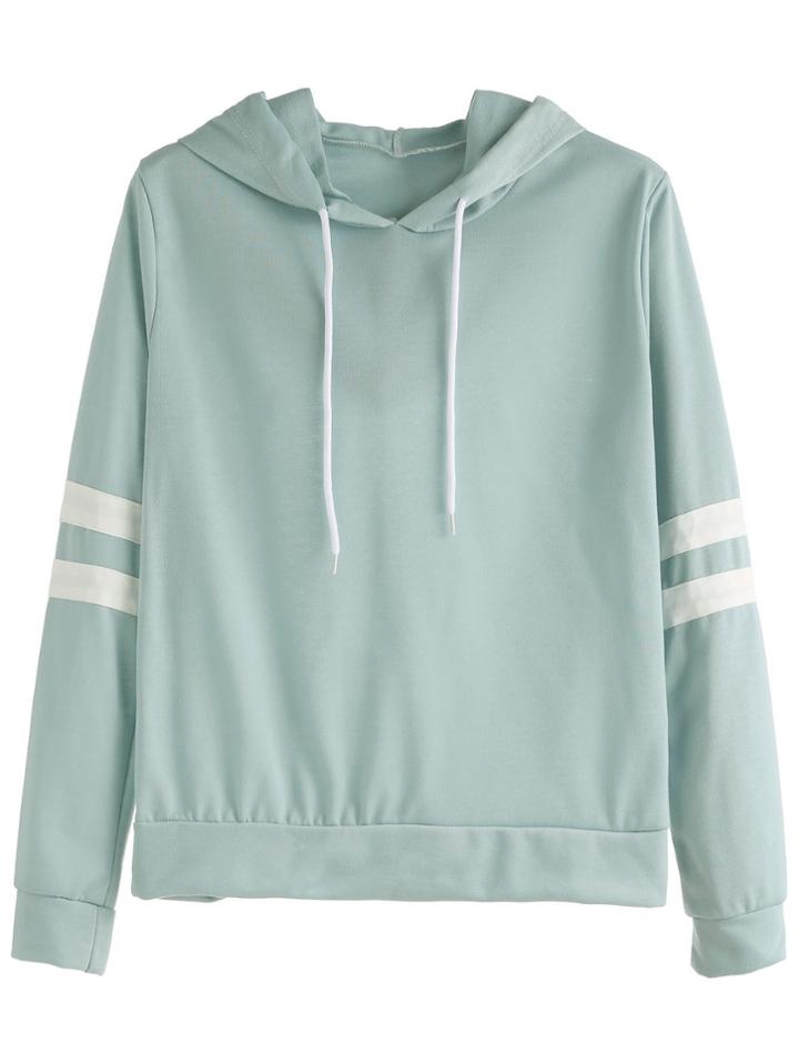 Romwe Pale Green Varsity Striped Drawstring Hooded Sweatshirt