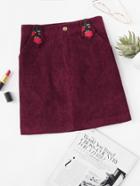 Romwe Corduroy Rose Embroidered Patch Skirt