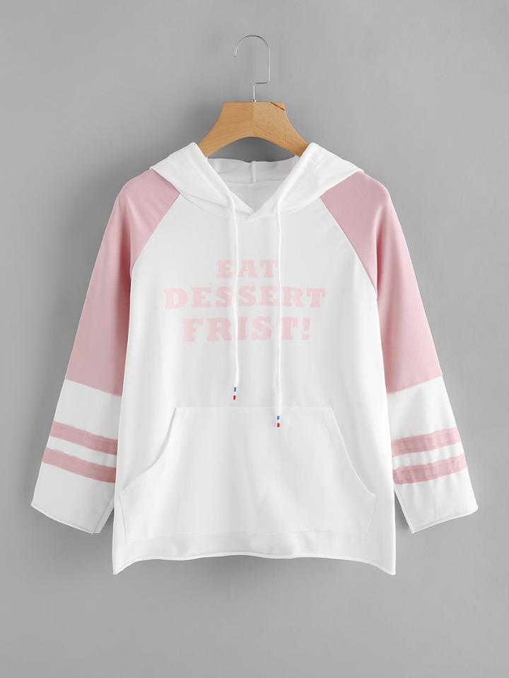 Romwe Contrast Sleeve Letter Print Hoodie
