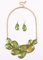 Romwe Green Drop Gemstone Gold Chain Necklace With Earrings
