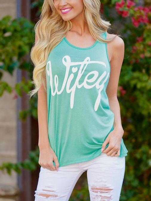 Romwe Letter Print Racerback Tank Top - Sky Blue