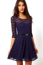 Romwe Belt Sheer Lace Blue Dress