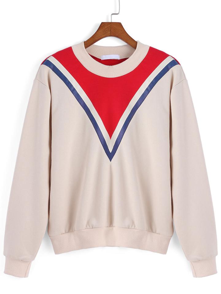 Romwe Round Neck Chevron Pattern Apricot Loose Sweatshirt
