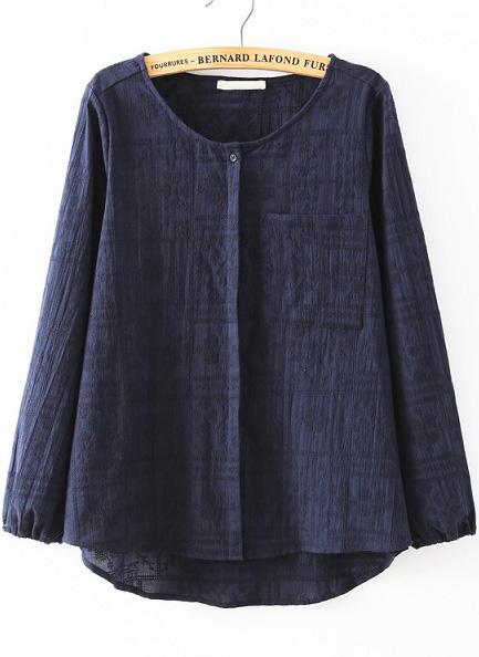 Romwe Dip Hem With Pocket Embroidered Navy Top