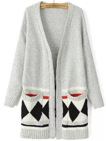 Romwe Geometric Print With Pockets Grey Cardigan