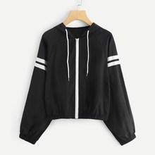 Romwe Striped Panel Sleeve Zip Up Hooded Jacket