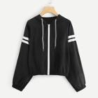 Romwe Striped Panel Sleeve Zip Up Hooded Jacket