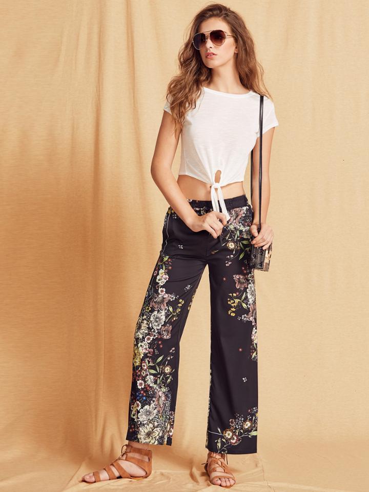 Romwe Black Floral Print Elastic Waist Wide Leg Pants