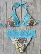 Romwe Blue Floral Print Lace Detail Triangle Bikini Set