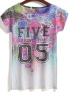 Romwe Five Flower Print Round Neck T-shirt
