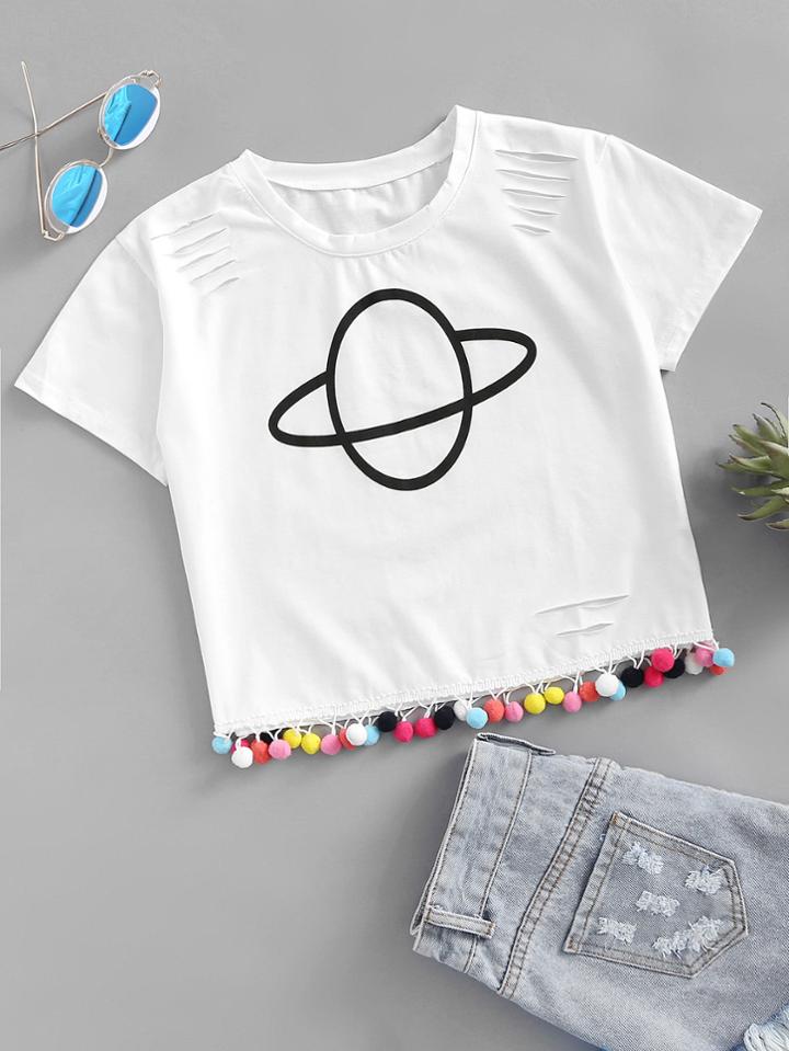 Romwe Graphic Print Ripped Pom Pom Hem Tee