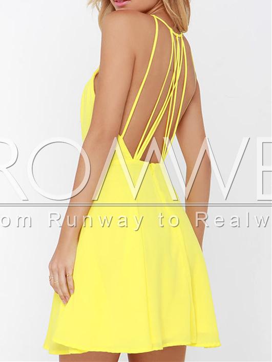 Romwe Yellow Spaghetti Strap Backless Dress